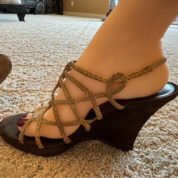 Salvatore Ferragamo Gold & Brown Suede Wedge Sandals - Picture 7 of 10
